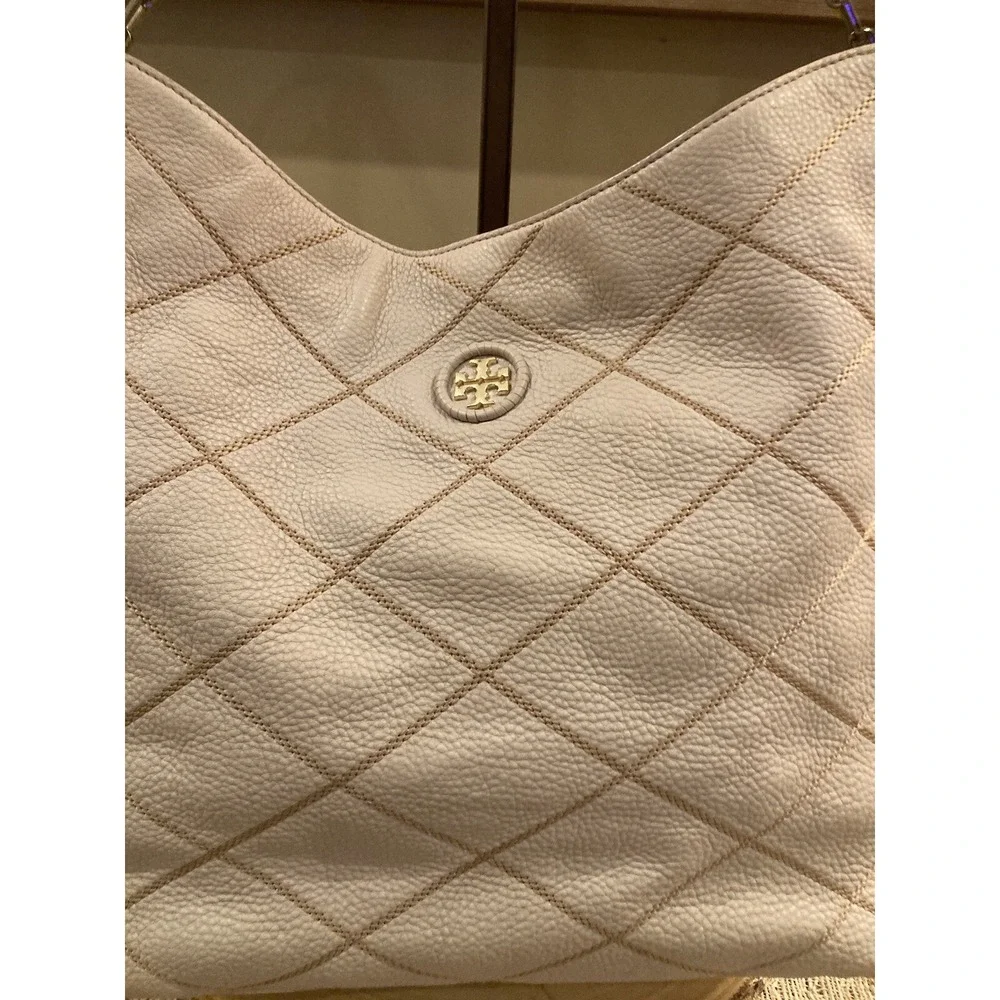 Tory Burch Womens Port Frida Blush Pink Diamond Stitched Pebbled Hobo Tote $548